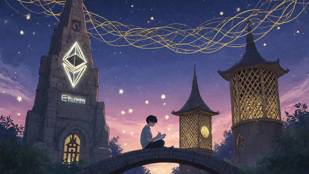 Three modular blockchain towers stand at dusk, with a developer sketching as data fireflies swirl around them in Studio Ghibli style.