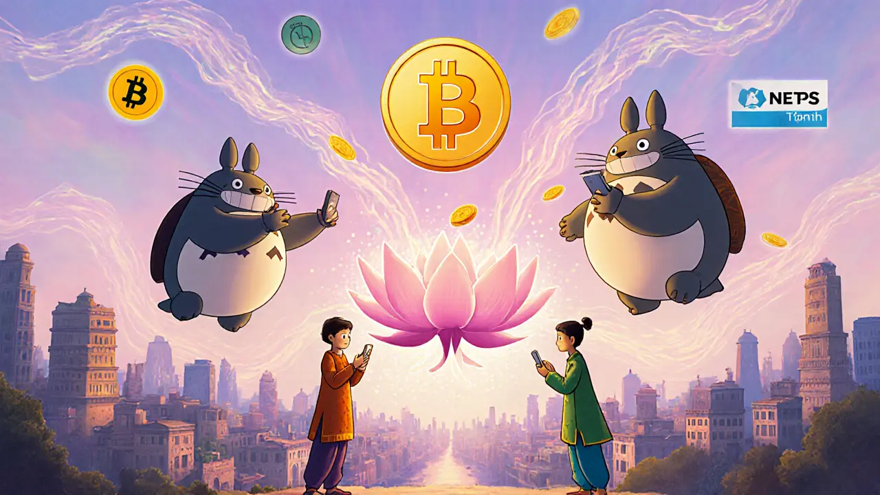 Whimsical spirit creatures in Indian attire distribute Bitcoin coins via UPI apps in a floating digital marketplace.