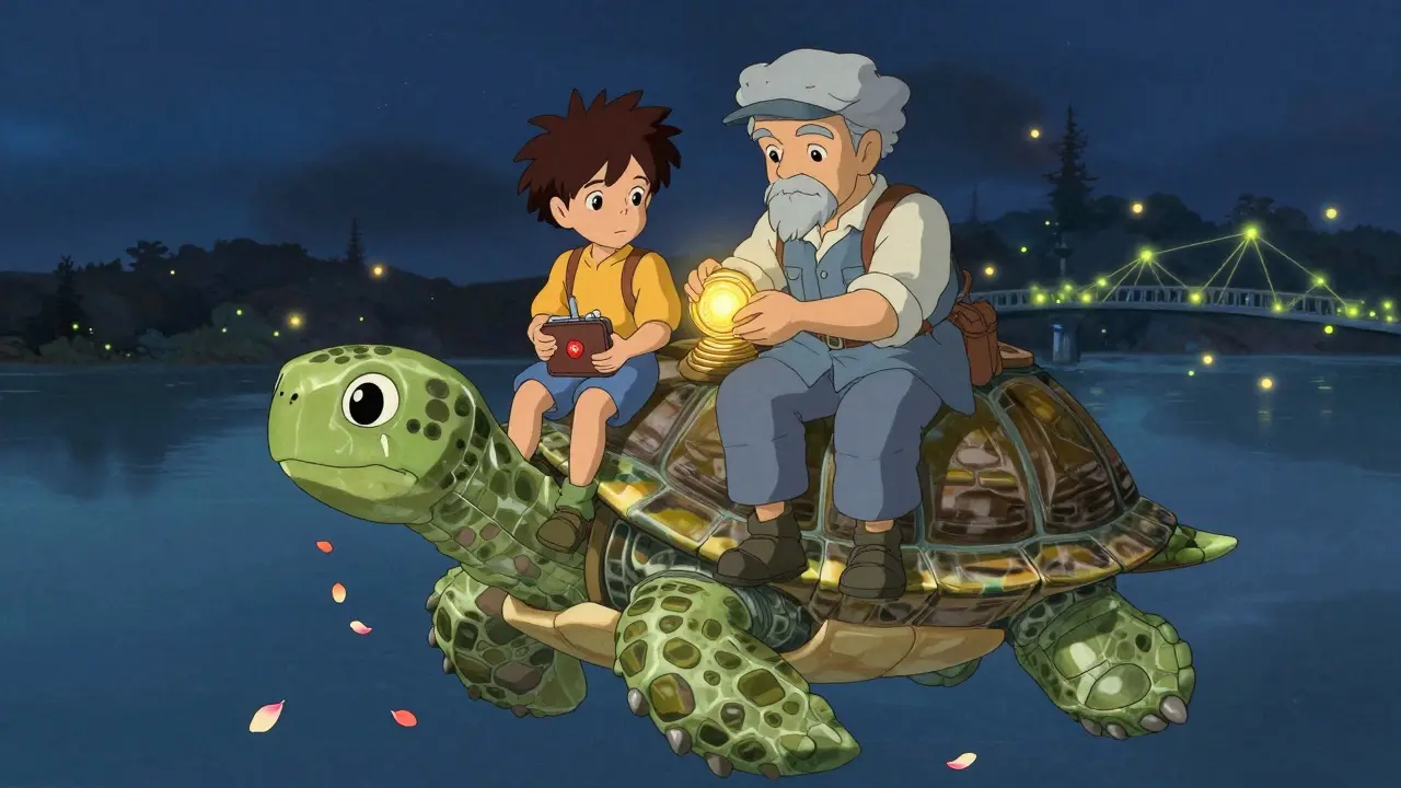 A child and miner ride a blockchain turtle through a calm mempool, releasing fee coins as petals drift downward.