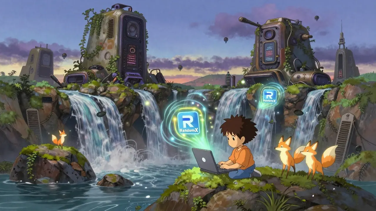 A child mines Monero with a laptop amid natural energy and glowing algorithms, while abandoned ASICs decay in vines.
