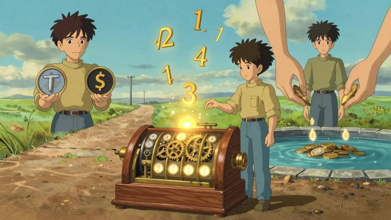 A child stands before an ancient mechanical calculator with floating math symbols, facing two diverging paths in a peaceful landscape.