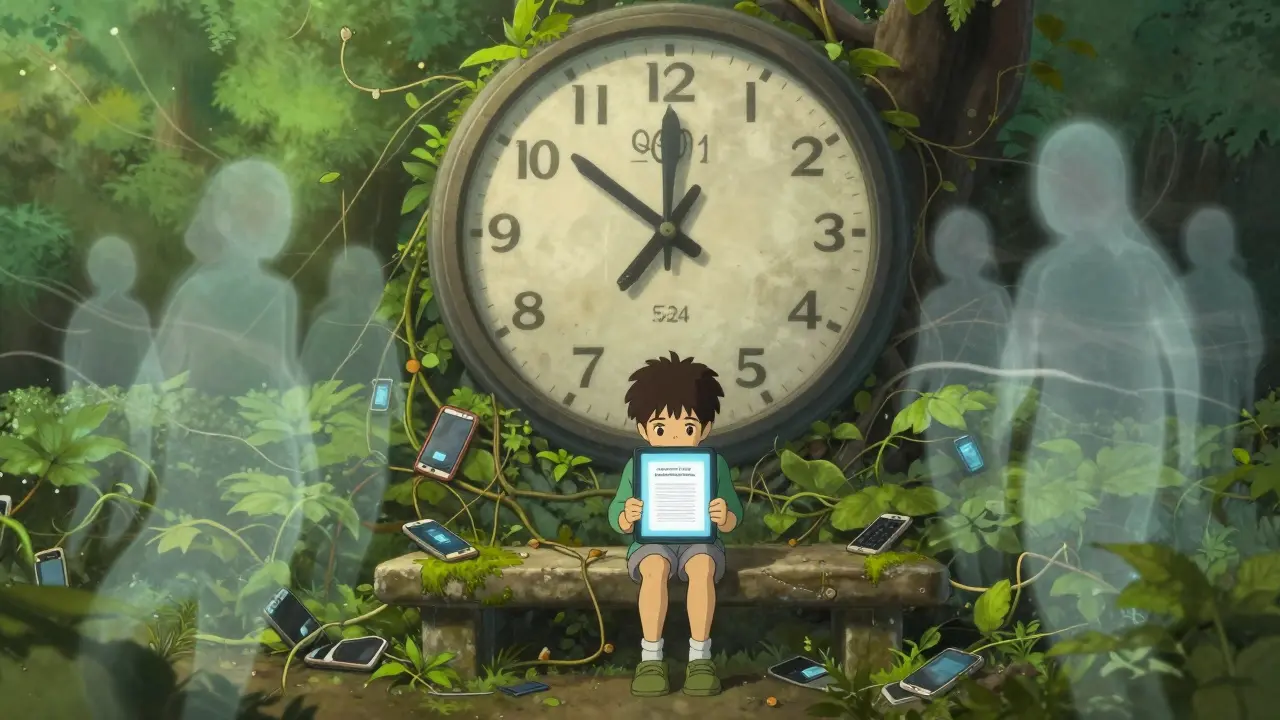A child stares at a broken digital clock and static whitepaper in an abandoned tech forest.
