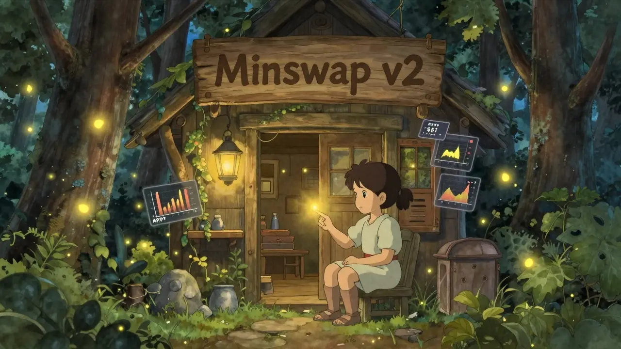 A cozy digital cottage with smart contract trees and firefly-like APY numbers in Studio Ghibli style.