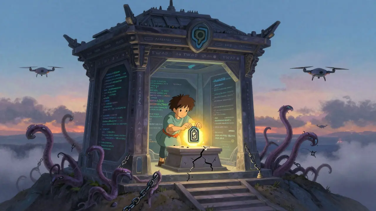 A DeFi temple with glowing protective amulets restoring cracked code, as shadowy attacks fade in a calm twilight.