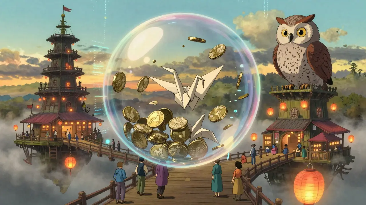 A digital marketplace on a floating bridge where transparent flash loan bubbles cause chaos, watched by an owl with circuit feathers.