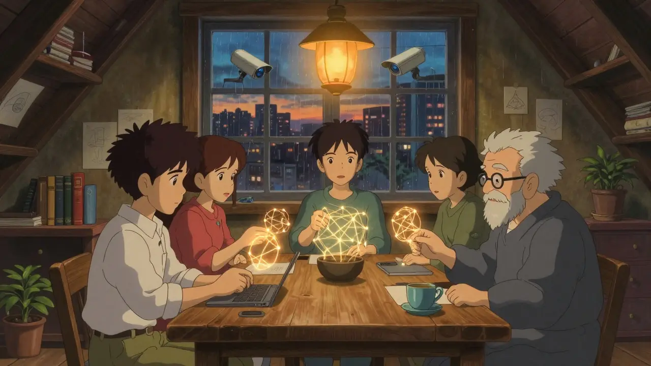 A diverse group sends private Monero transactions in a lantern-lit attic while surveillance drones fly outside.