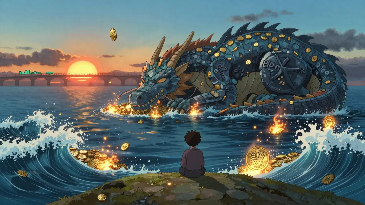 A figure watches a shrinking ocean of burning tokens as a blockchain dragon sleeps, with a single glowing token drifting away.