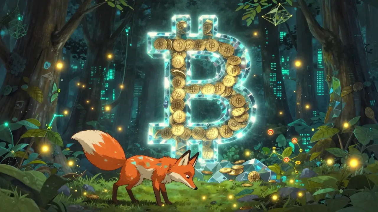 A fox spirit made of blockchain patterns bowing before a monument with frozen golden coins.