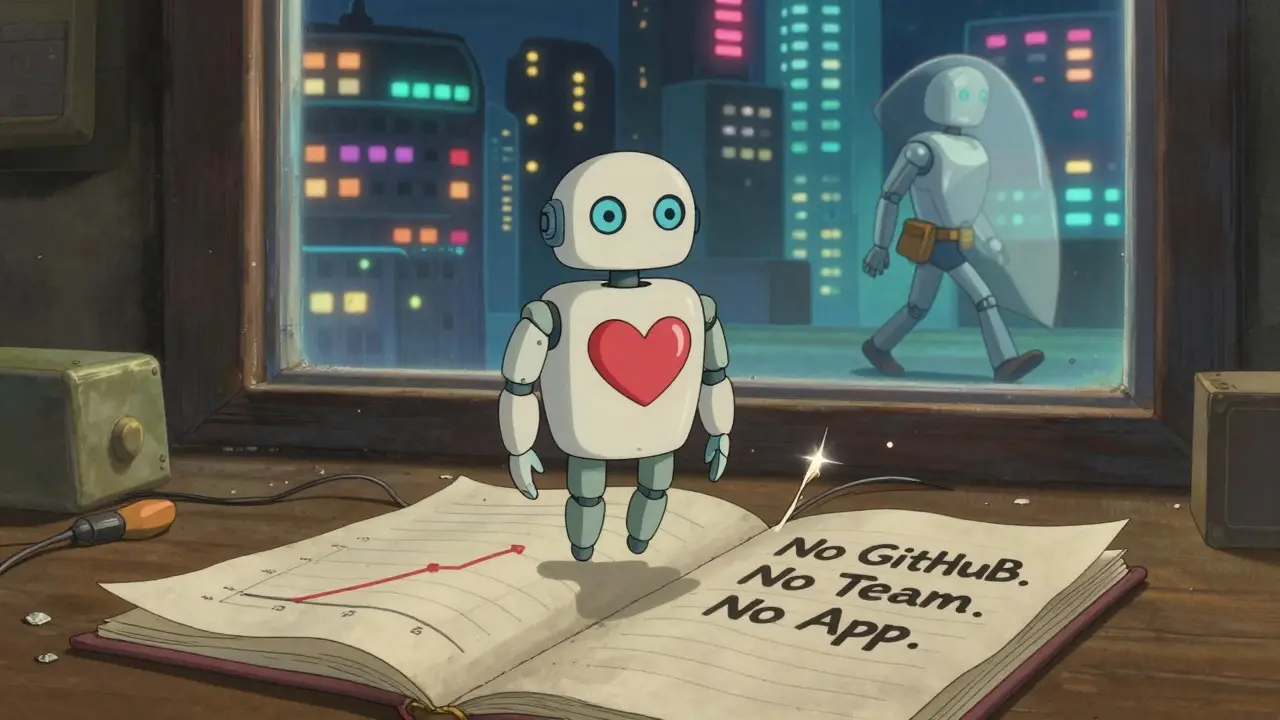 A fragile robot floats above a dusty ledger showing fake market data, while a real AI agent walks into a thriving digital city.