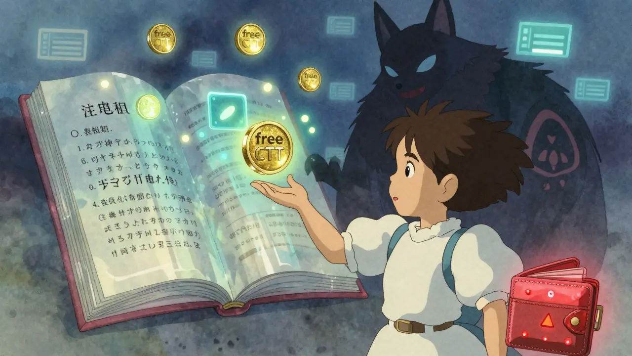 A girl reaches for a fake token as a fox offers it, while real rules glow beside her.