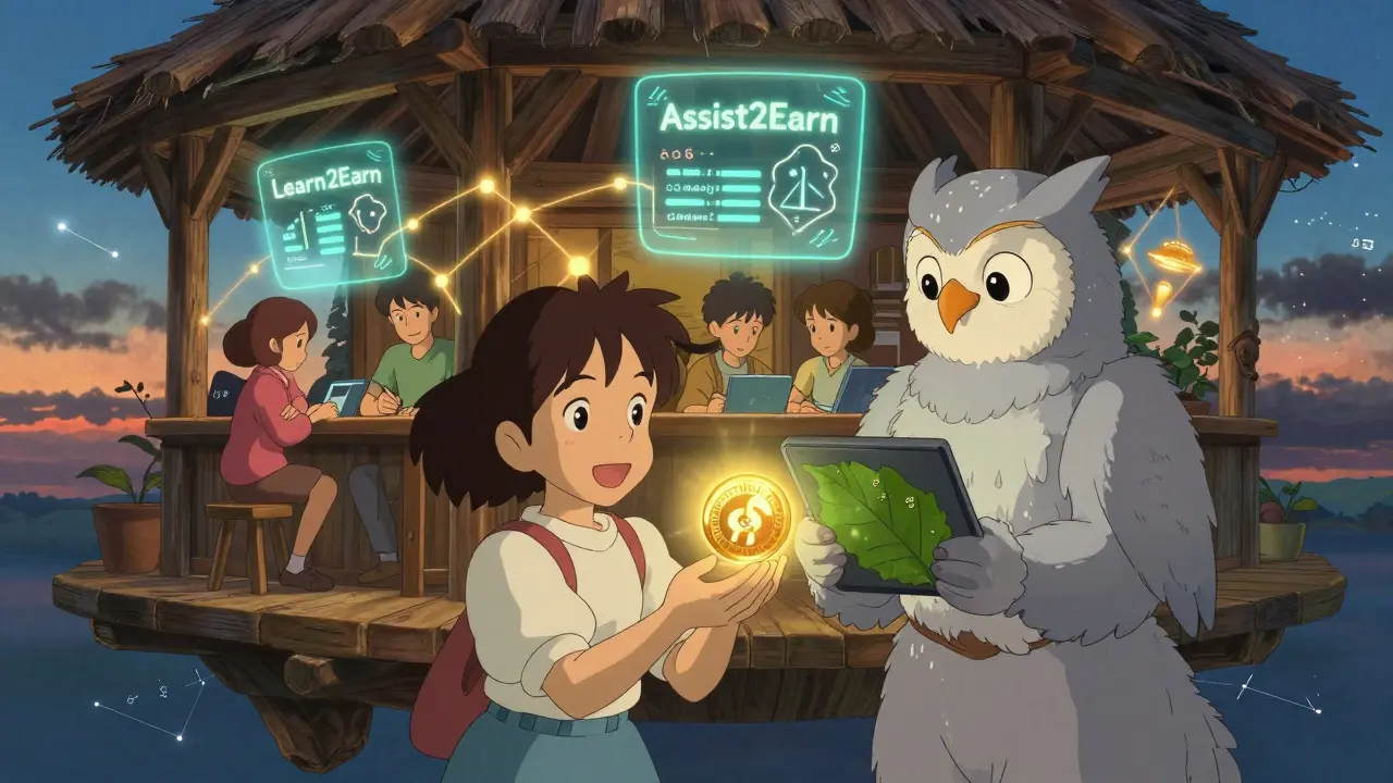 A girl receives a WIFEDOGE token from an owl guide in a floating pavilion, with friends linked by golden referral threads.