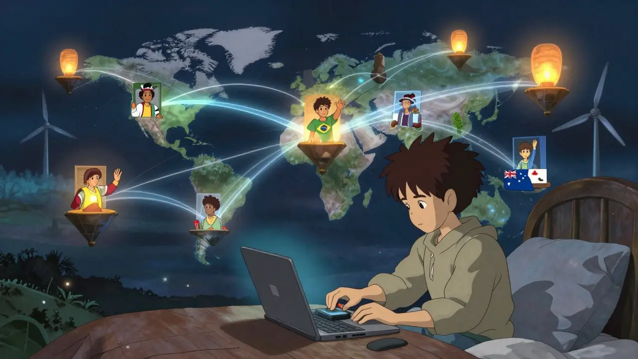 A global network of floating light nodes connects people across continents, with a teenager in a bedroom linking to distant users through shimmering energy streams.