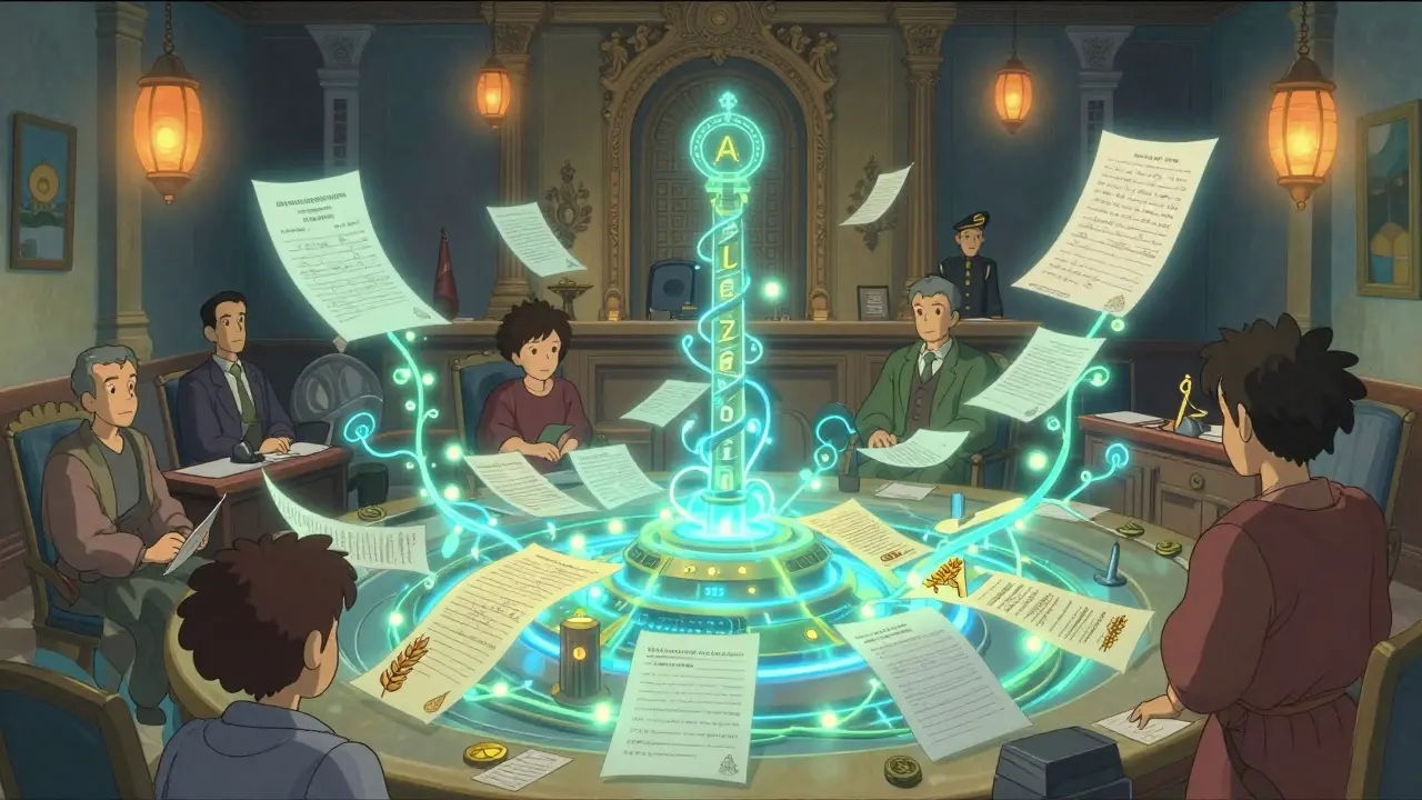 A glowing, state-controlled blockchain system visualizes land and subsidy records in a government office.