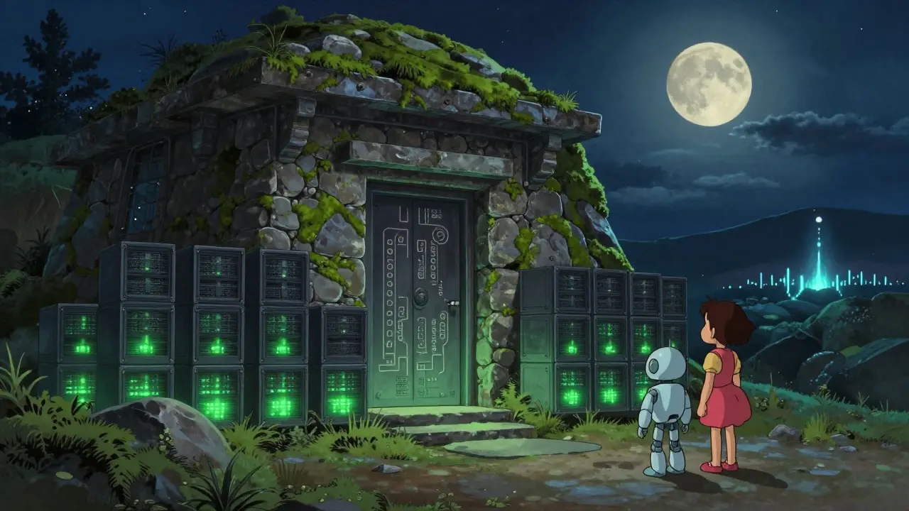 A hidden Bitcoin reserve vault at night, glowing servers under moonlight with a child and robot watching.