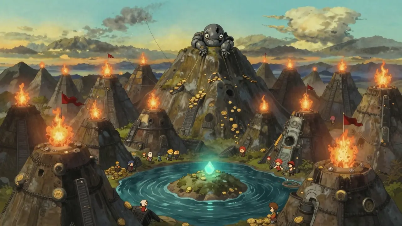 A mountain of mining rigs with a broken robot atop, surrounded by tiny miners planting flags, while a weak blockchain fades below.