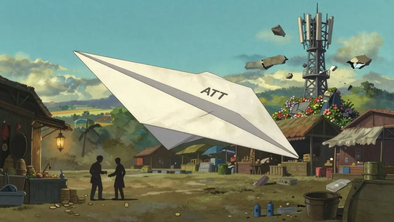 A paper airplane made from a whitepaper flies over an empty marketplace with a crumbling telecom statue.