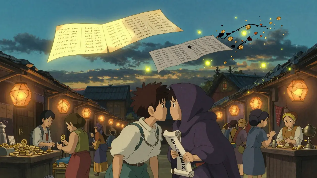 A peaceful market with blockchain lanterns, one merchant secretly trading a hidden chain as two ledgers float above.