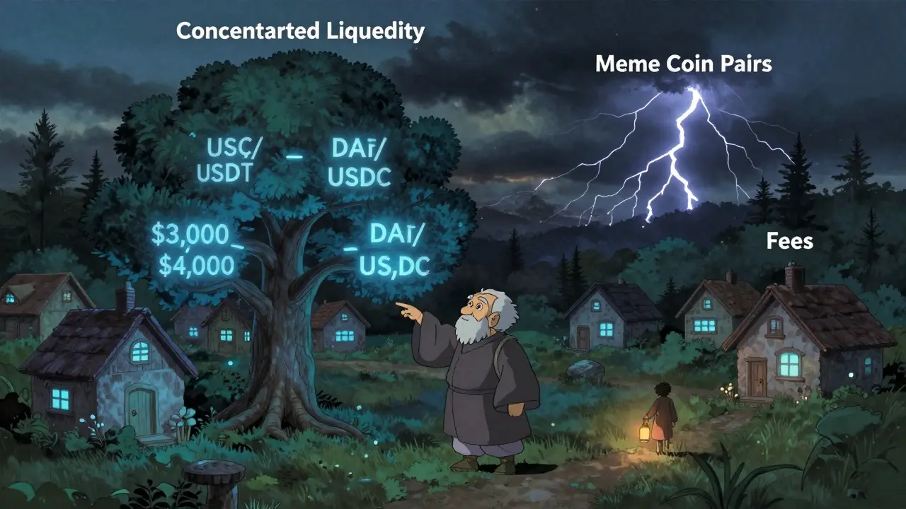 A peaceful village of stablecoin houses glows at dusk, while a wise elder points to a tree with limited branches, away from a stormy forest.