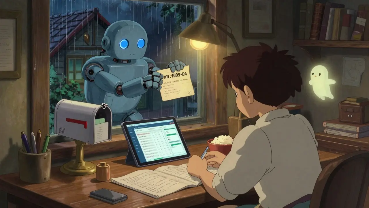 A person in a cozy home office at night with crypto tax software, a glowing tablet, and a blockchain robot placing a tax form in a mailbox.