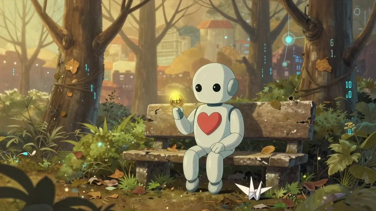 A small robot sits alone in a digital garden, holding a dying UBEX token as binary leaves fall around it.
