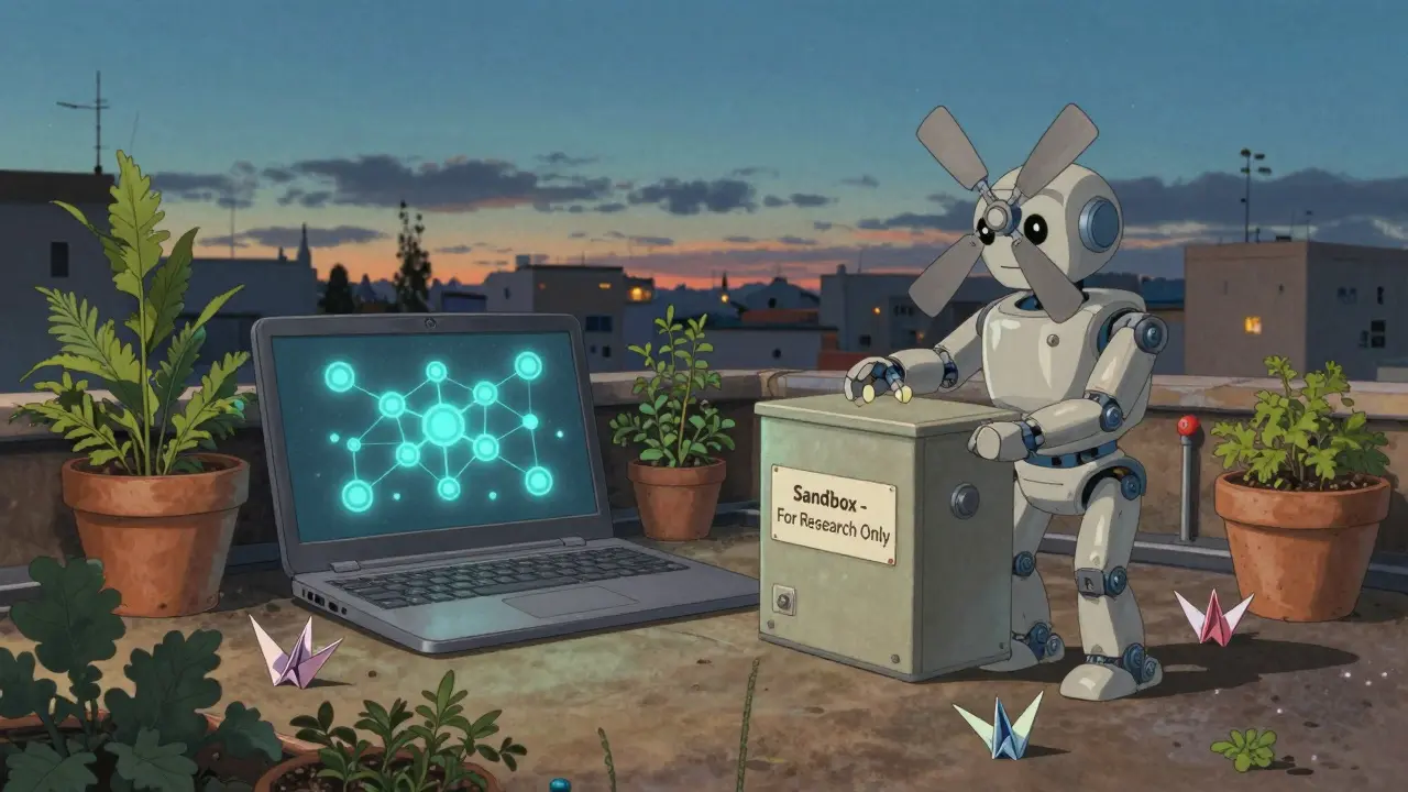 A startup tests blockchain tech on a rooftop, with a robot delivering data to a labeled sandbox server.