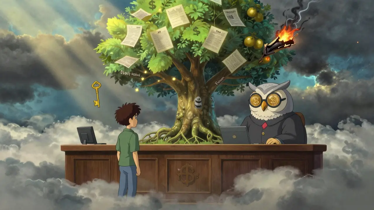 A surreal courtroom in the clouds with an owl judge, a blockchain tree, and a golden key labeled &#039;Voluntary Disclosure&#039; floating nearby.