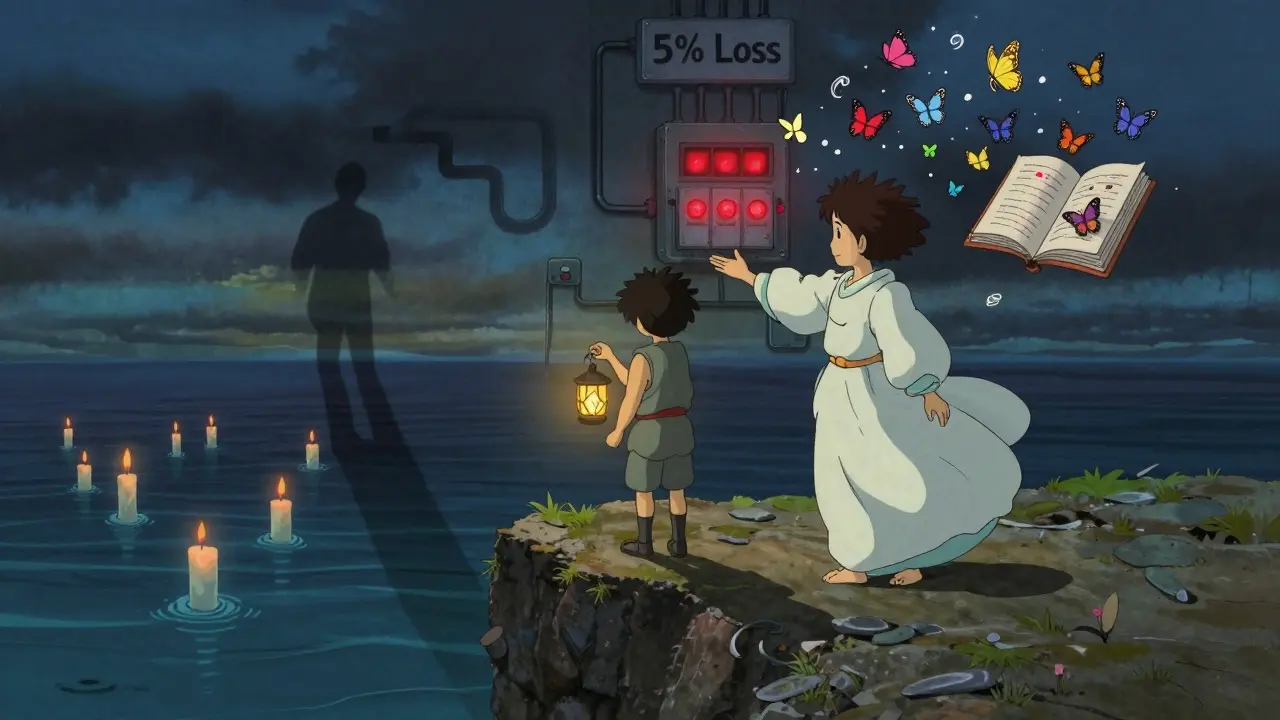 A trader reaching for a heartbeat lantern on a cliff above floating market charts.