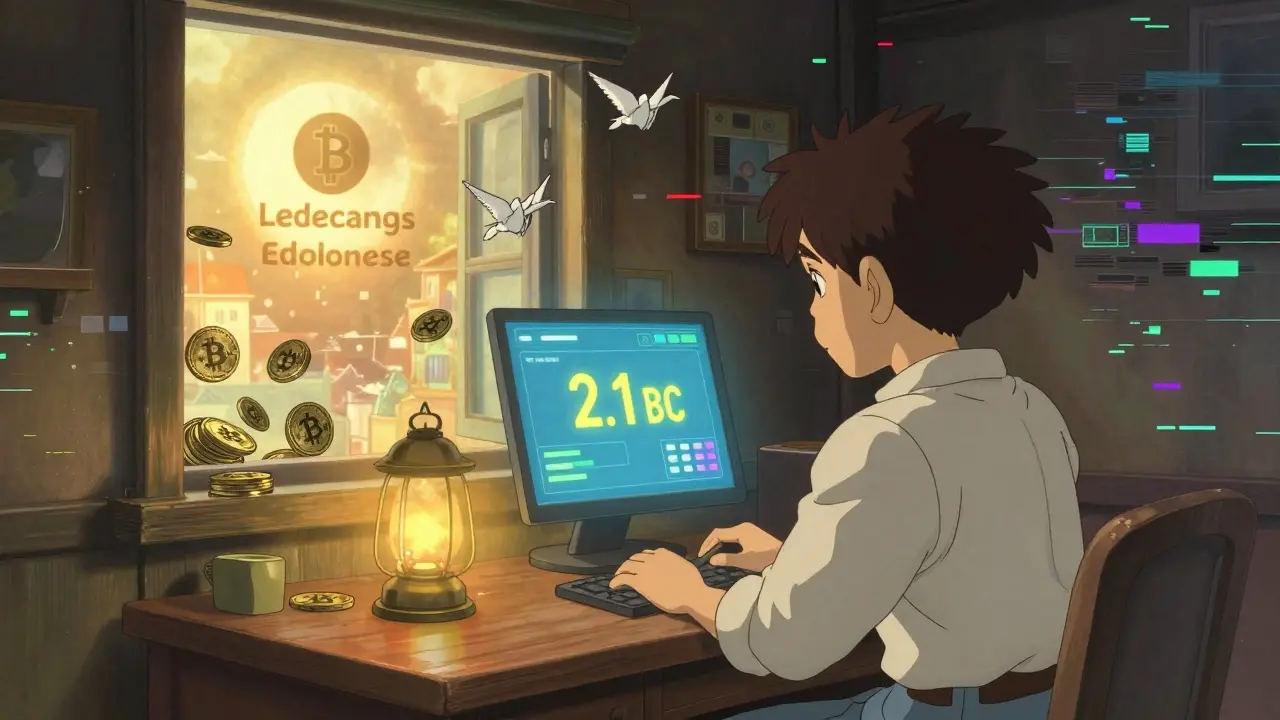 A trader watching a fake crypto balance dissolve into pixels while real coins float toward a legitimate exchange in warm light.