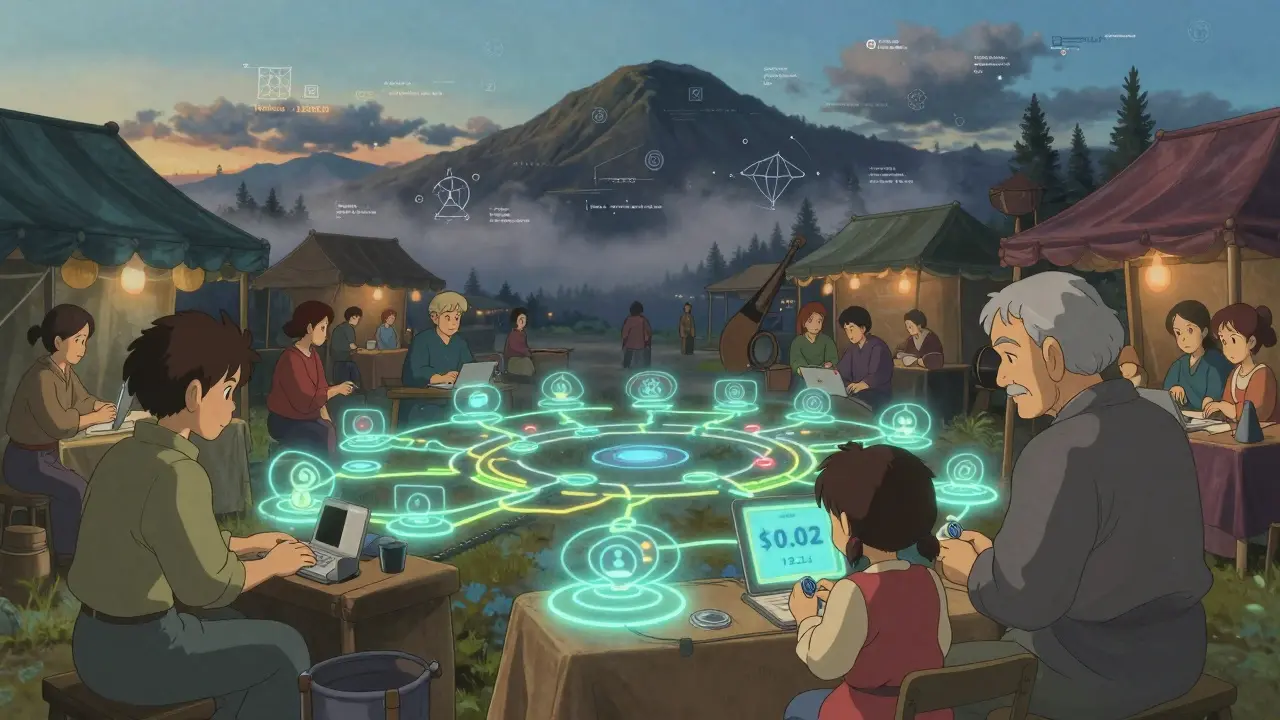 A tranquil Cardano marketplace at dusk with traders exchanging tokens via glowing routing paths in Studio Ghibli style.