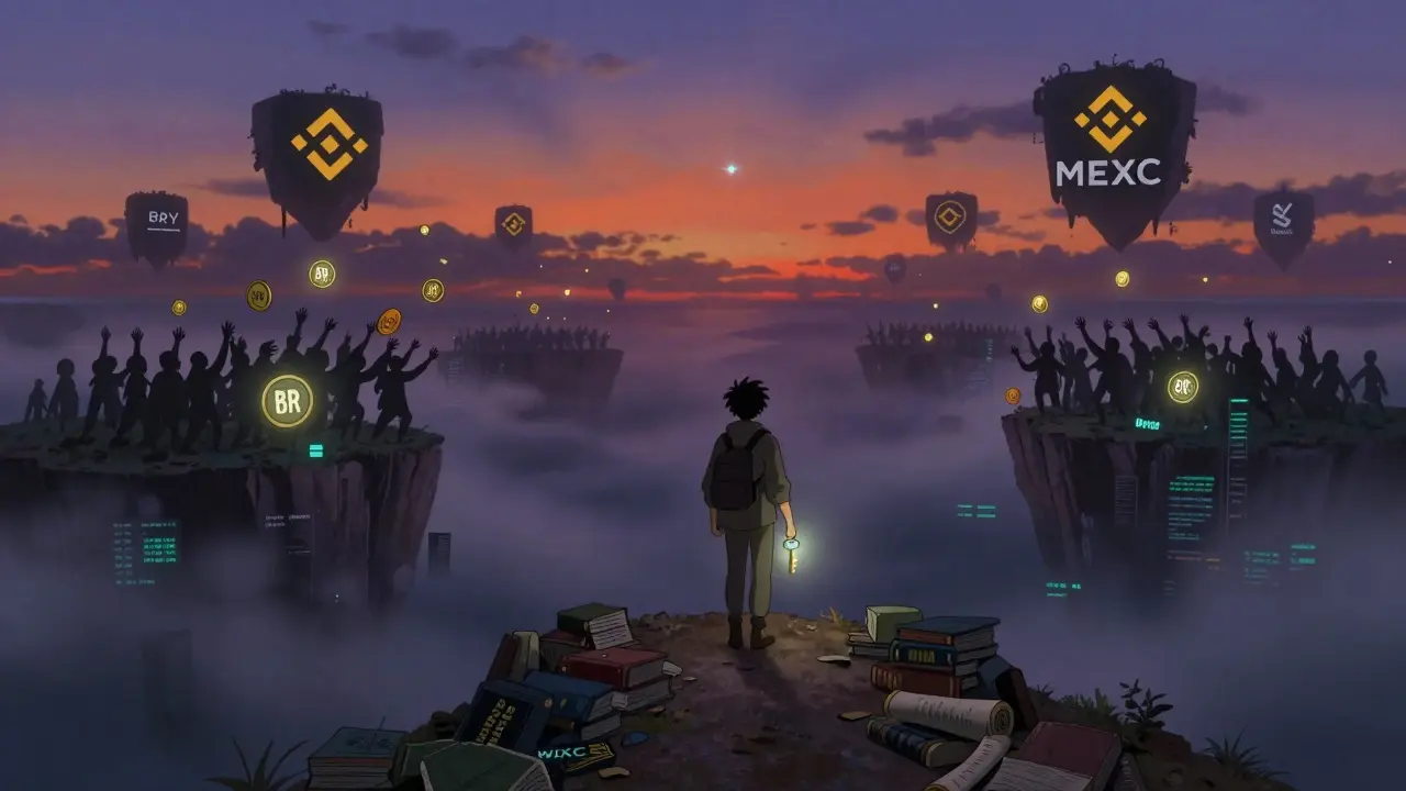 A traveler walks away from fake crypto tokens toward knowledge, as exchange islands drift in a misty data ocean.