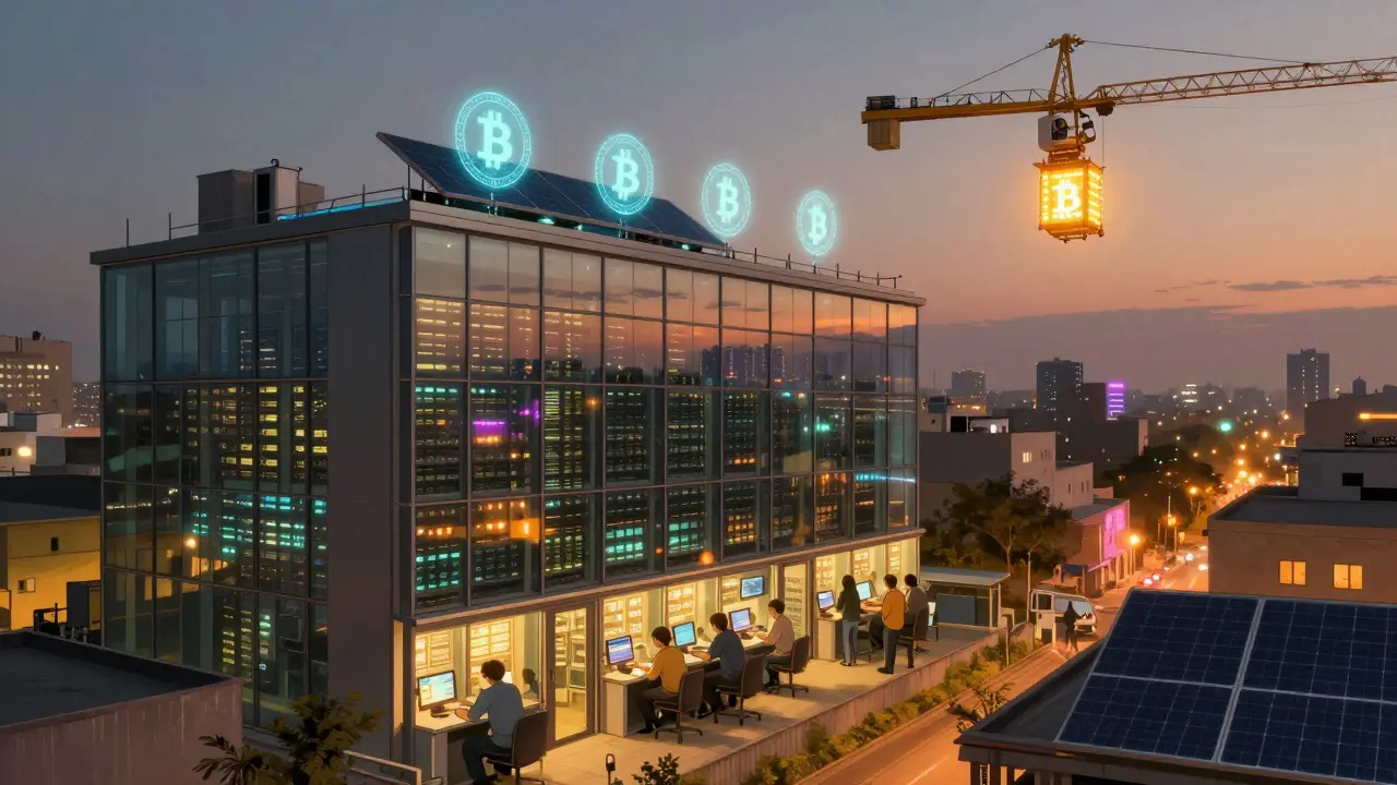 A twilight data center in Lahore with glowing holograms and solar panels on the roof.