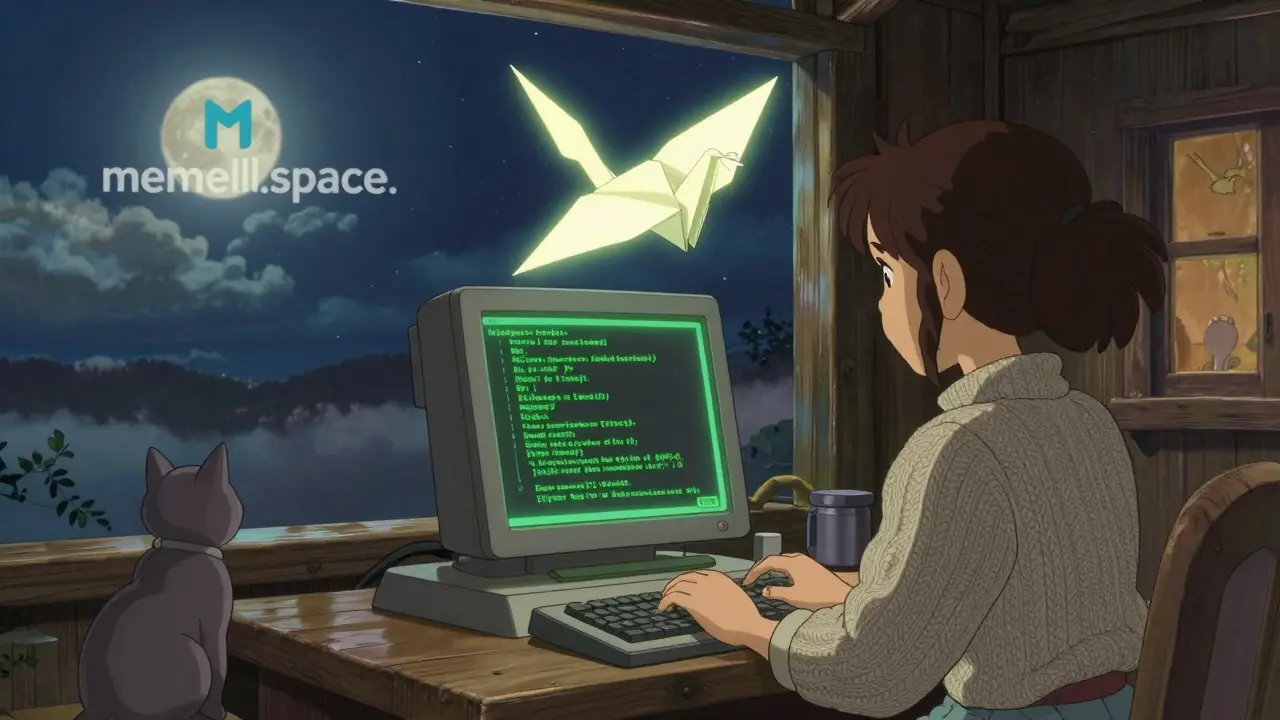 A woman in a cozy cabin watches a transaction transform into a bird as it rises through a starry mempool on her screen.