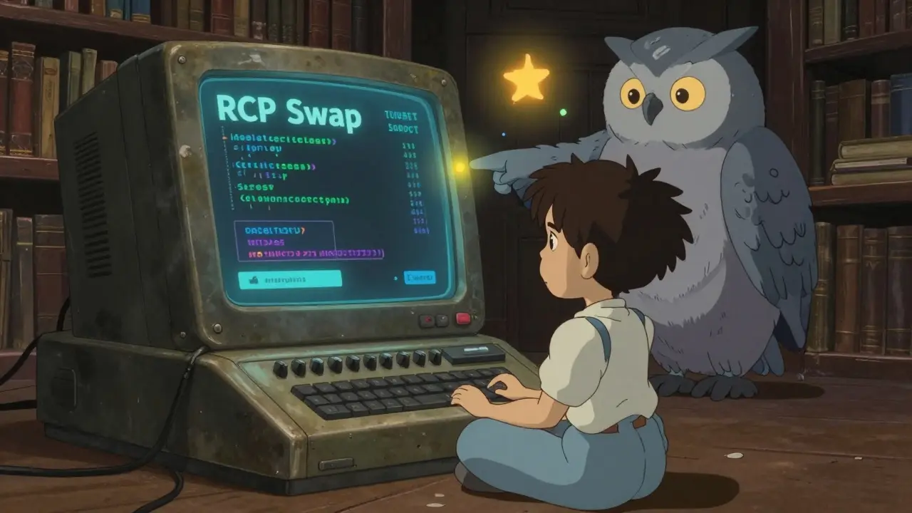 A young apprentice studying RCP Swap’s low-liquidity interface as a code owl spirit points to better alternatives.