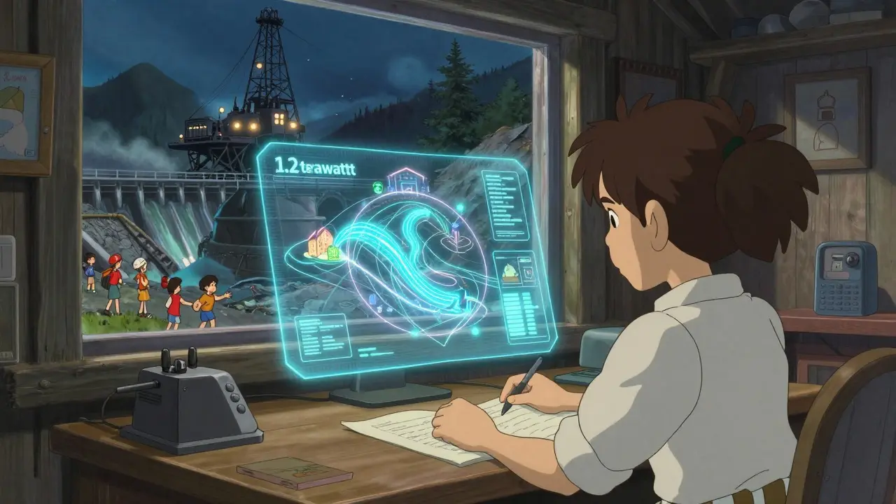 A young engineer in a mountain cabin studies a holographic energy map showing mining power being redirected to schools and factories.