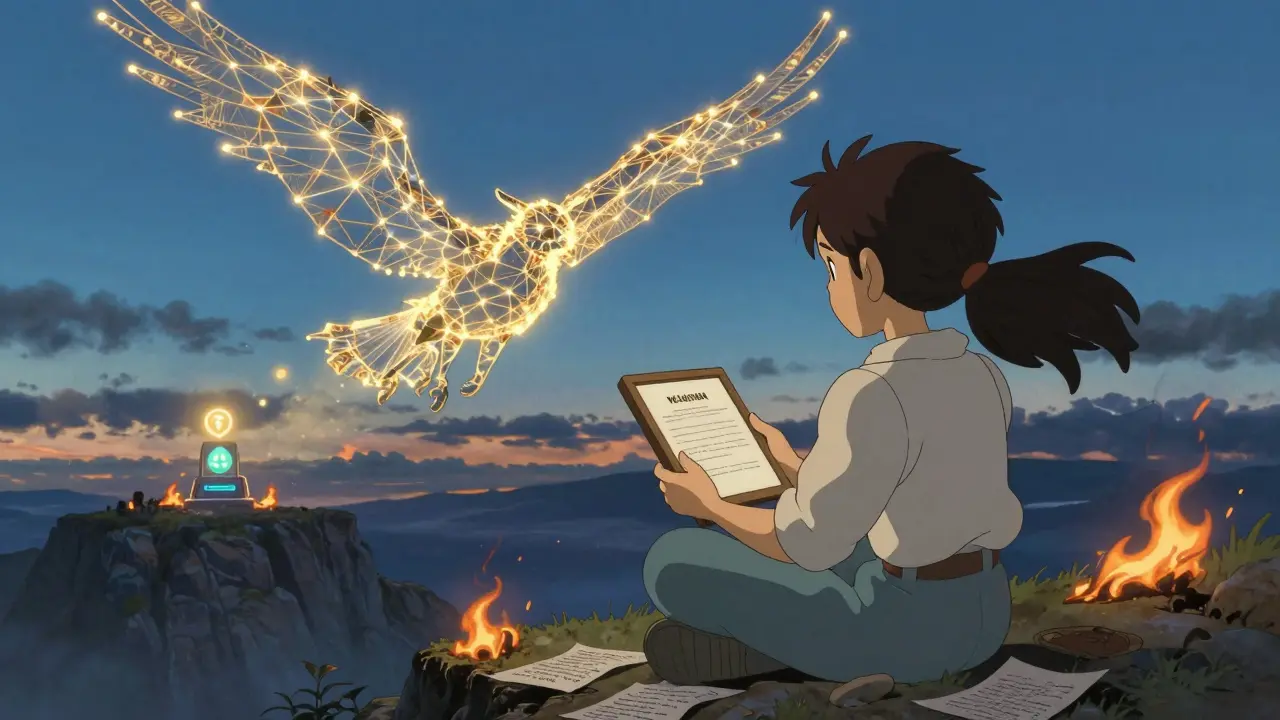 A young explorer verifies a contract on a tablet as a blockchain creature flies away, while rumors burn to ash below.
