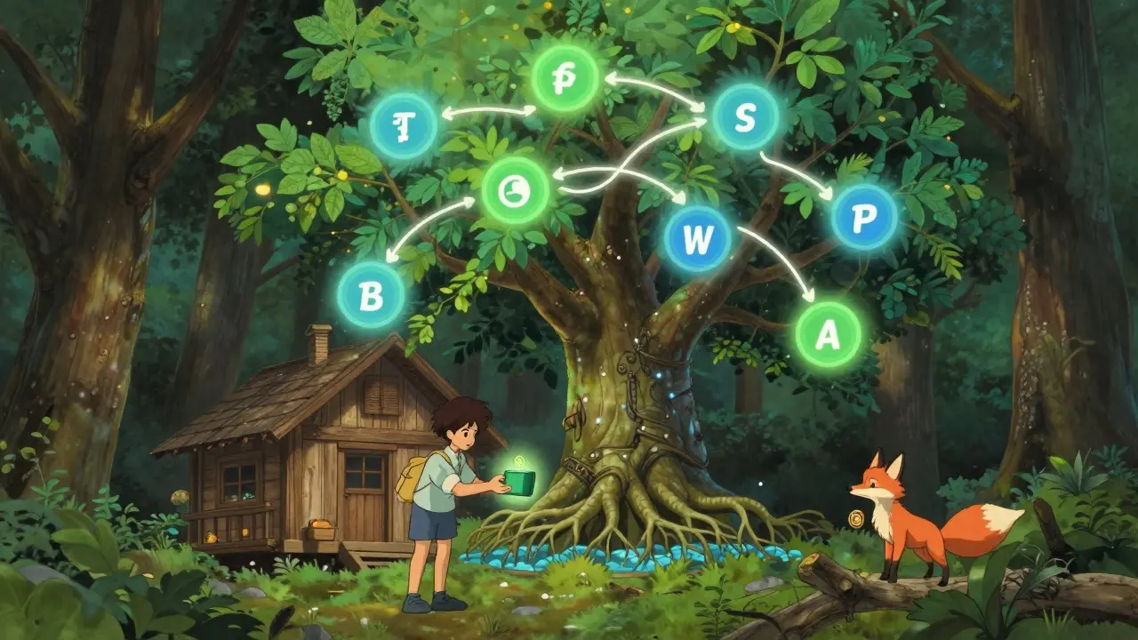 A young person connects a wallet to a living Uniswap tree with liquidity pools as roots and trading pairs as shimmering leaves.