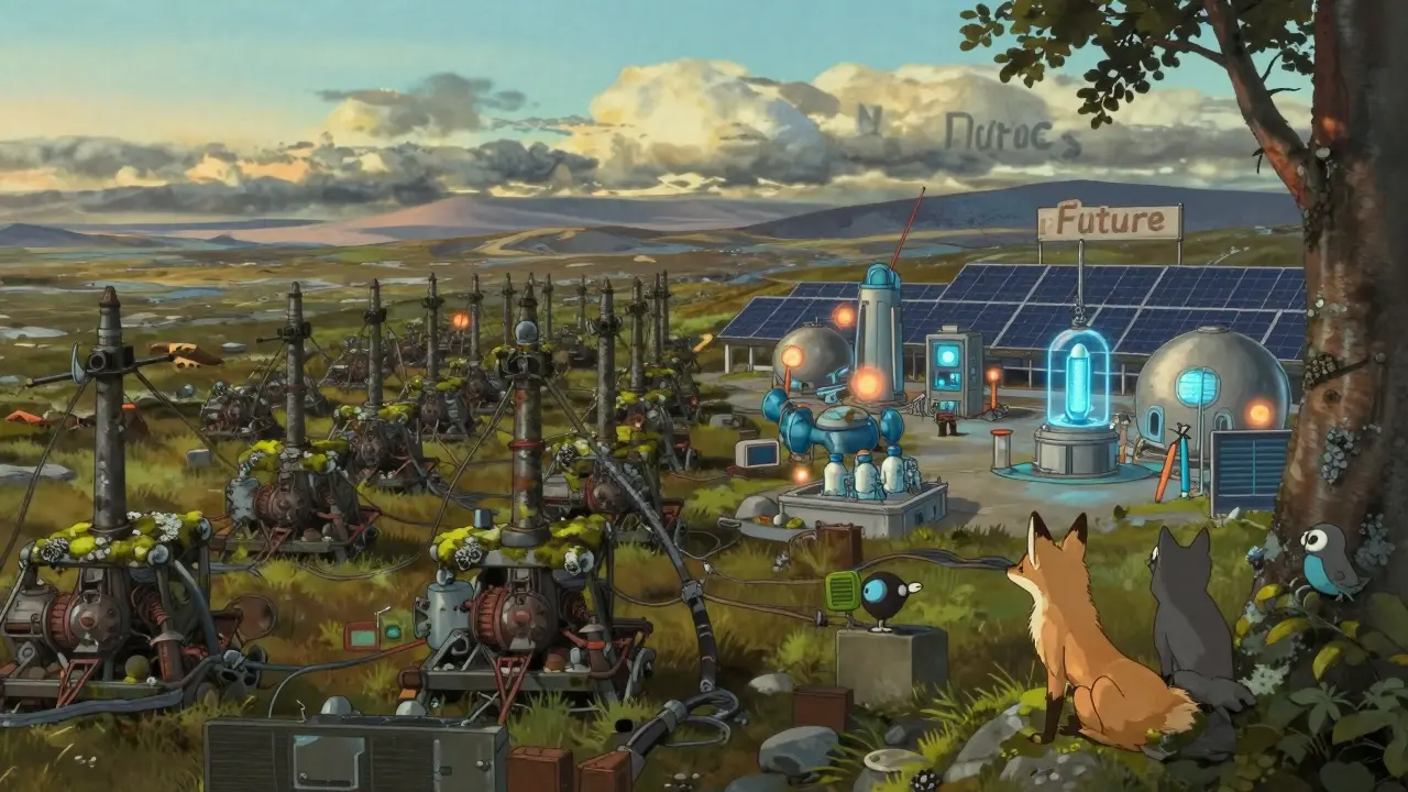 Abandoned mining rigs overgrown with nature beside a vibrant green innovation hub under a dawn sky in the Arctic plains.