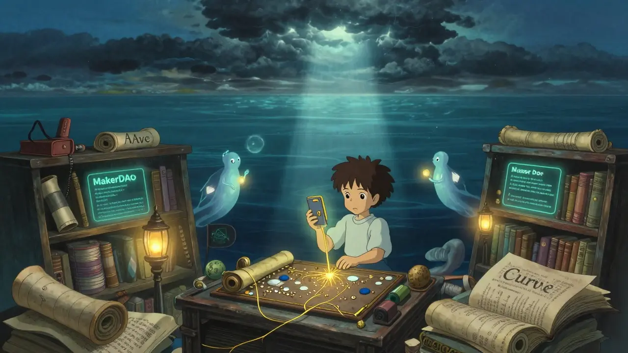 AI spirits repair smart contract scrolls in an underwater library while regulatory storm clouds gather above.