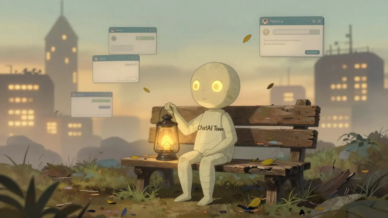 An AI character sits alone in an abandoned digital town, holding a broken lantern labeled &#039;ChatAI Town&#039;.