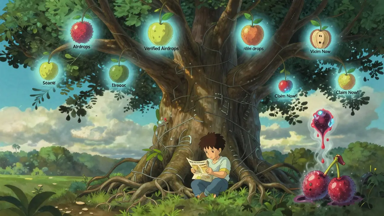 An ancient blockchain tree bears glowing verified airdrop fruit, while a child ignores poisonous 'Claim Now!' berries at its base.
