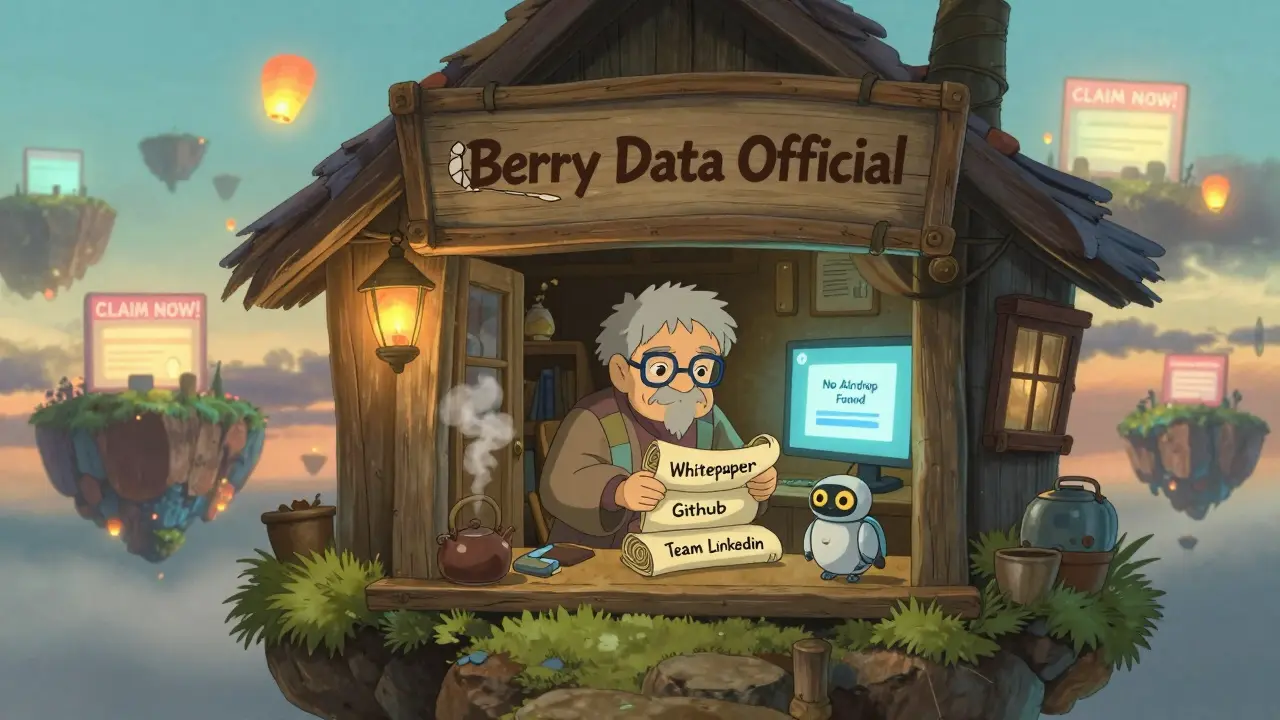 An elderly sage in a sky cabin sorting real project documents, while fake airdrop banners collapse outside.