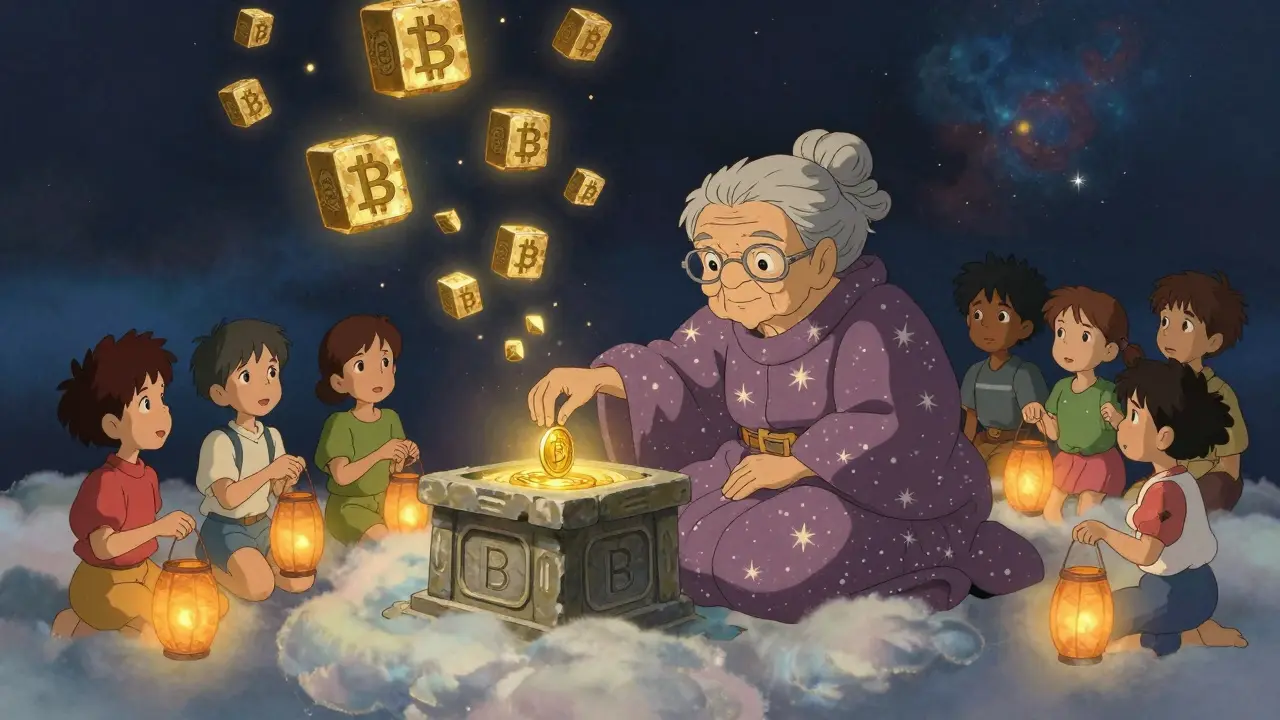 An elderly woman placing a golden coin on an altar as children watch with lanterns shaped like wallets.