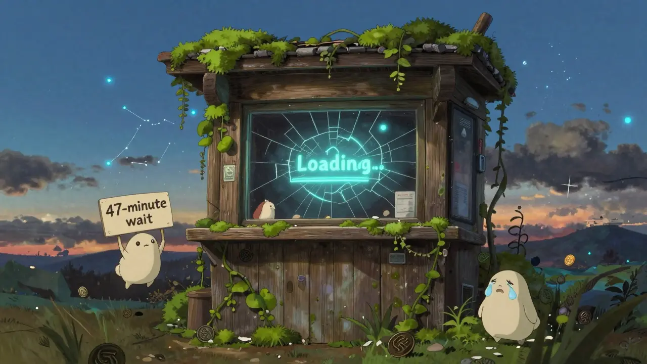 An overgrown app store kiosk with a frozen screen, surrounded by tiny spirits mourning failed crypto transfers.