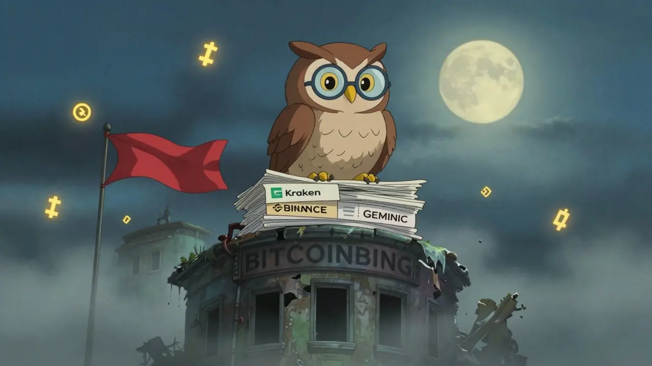 An owl atop verified exchange reports as a crumbling scam site fades into mist under a moonlit sky.