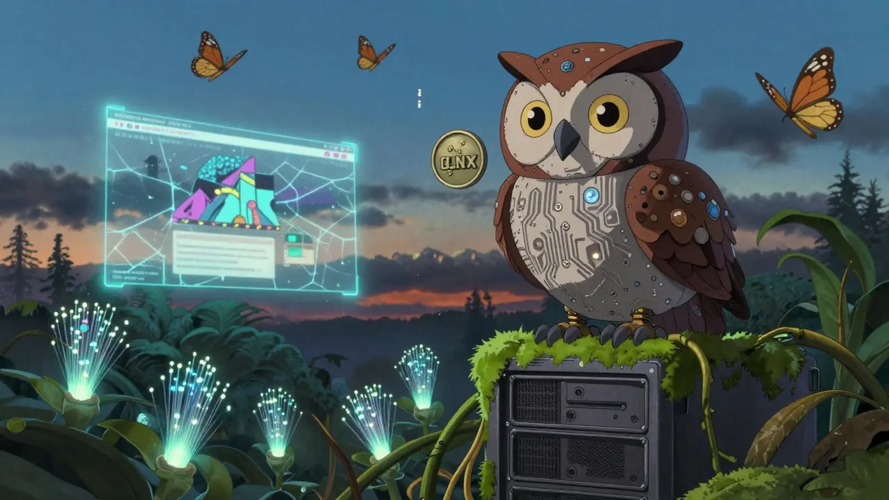 An owl with circuitry feathers holds a CLNX token atop a wilting server tower in a fading digital forest.