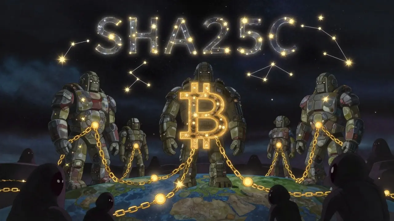 Ancient stone golems guarding Bitcoin&#039;s history against shadowy attackers, surrounded by golden hash chains and starry algorithms.