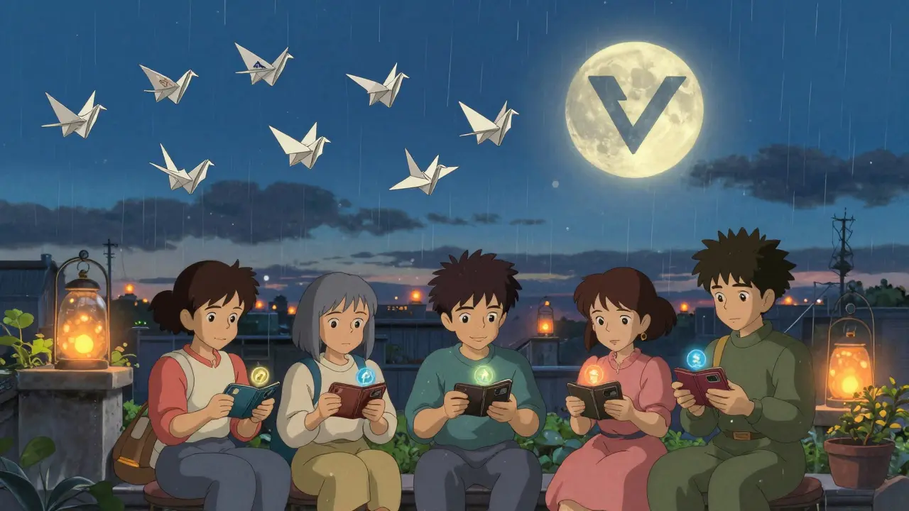 Characters quietly engage with real airdrops under a moon shaped like a verified logo.