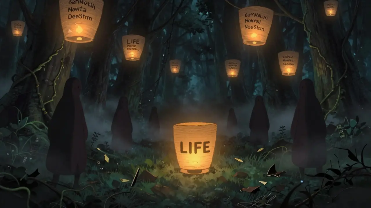 Fragile wallet lanterns fade in a dark digital forest, leaving one weak LIFE token lantern glowing alone.