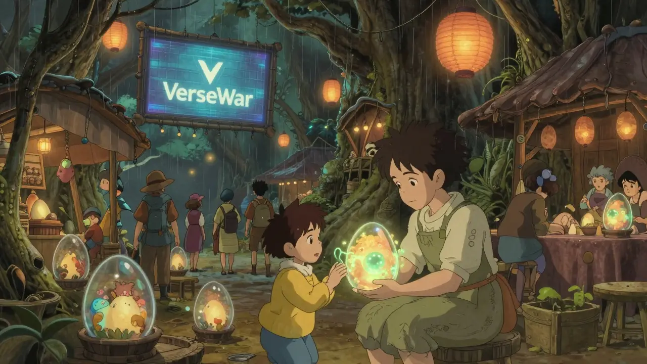 Players trade monster eggs in a lush, tree-based marketplace under soft rain, with bioluminescent eggs glowing gently.