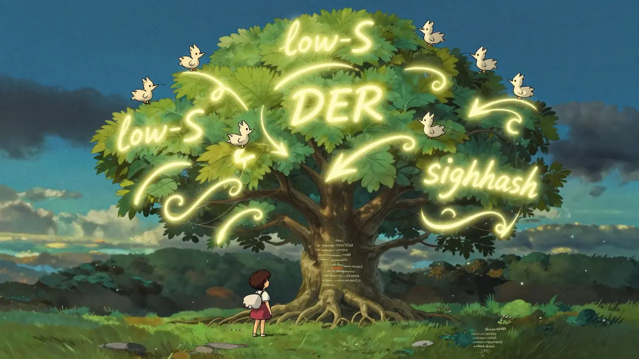 Spirit creatures weave transaction hashes into a glowing Schnorr signature tree with code roots and glowing symbols.